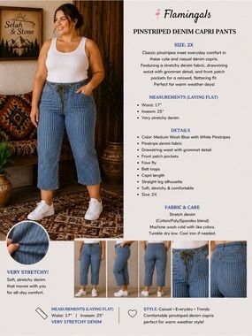 Flamingals Pinstriped Denim Capri Jeans - Medium Wash Blue. 34-36 waist